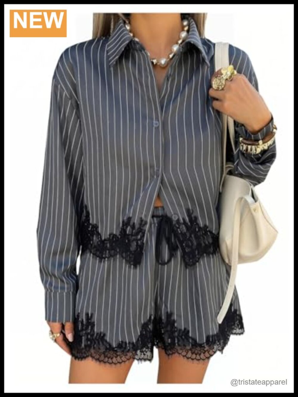Women's Striped Lace Trim 2 Piece Long Sleeve Shirt and Shorts Set
